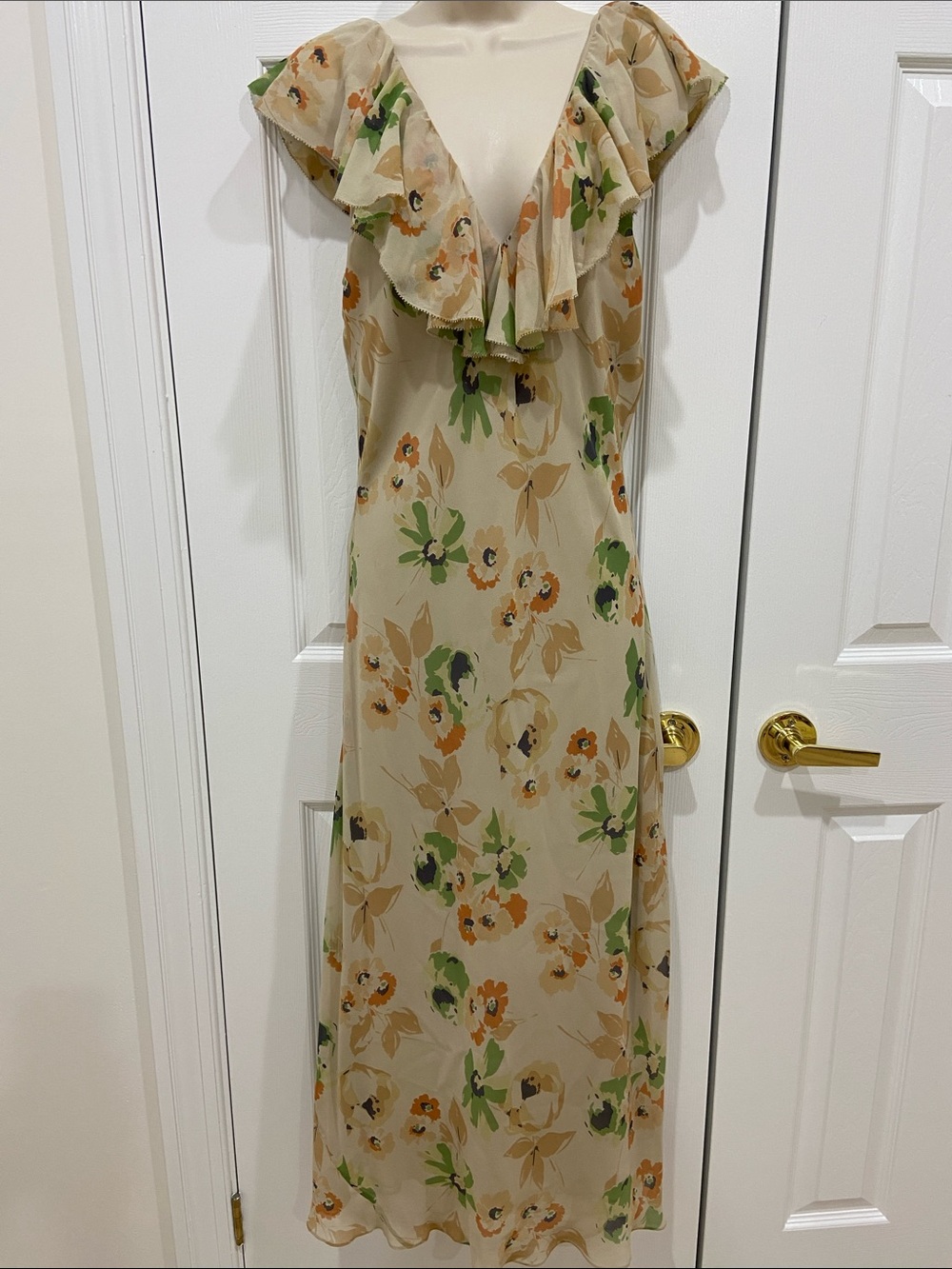 Polo by Ralph Lauren Beige Floral V-Neck Ruffle Maxi Dress